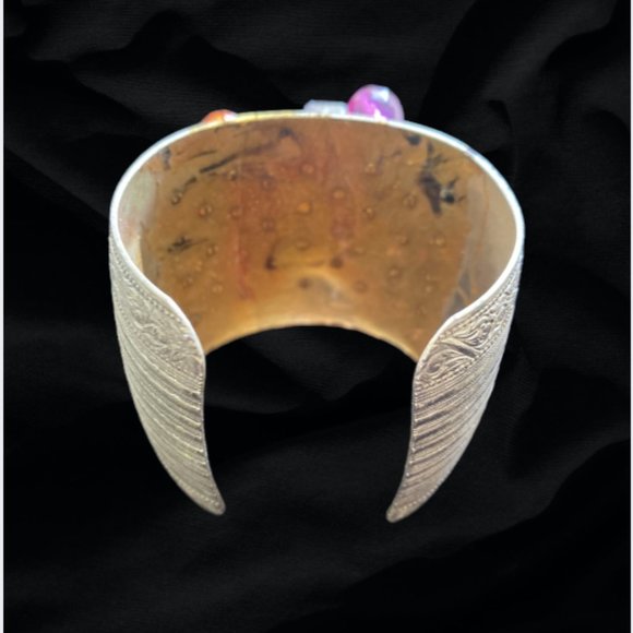 VINTAGE BRACELET -- Wide Silver Cuff Bracelet with Beads & Crystals, Aztec Vibe - Picture 6 of 8